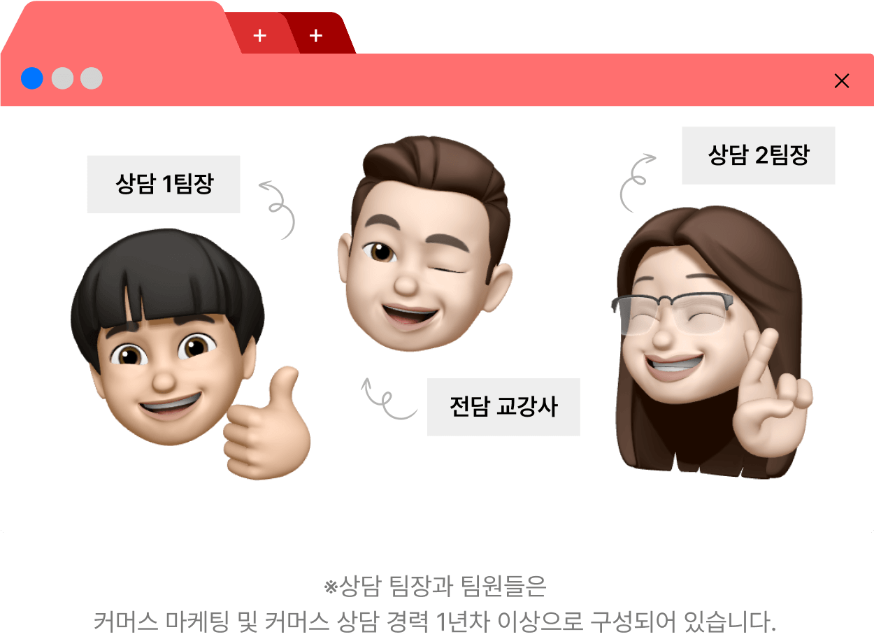 상담 팀장과 팀원들은 커머스 마케팅 및 커머스 상담 경력 1년차 이상으로 구성되어 있습니다.